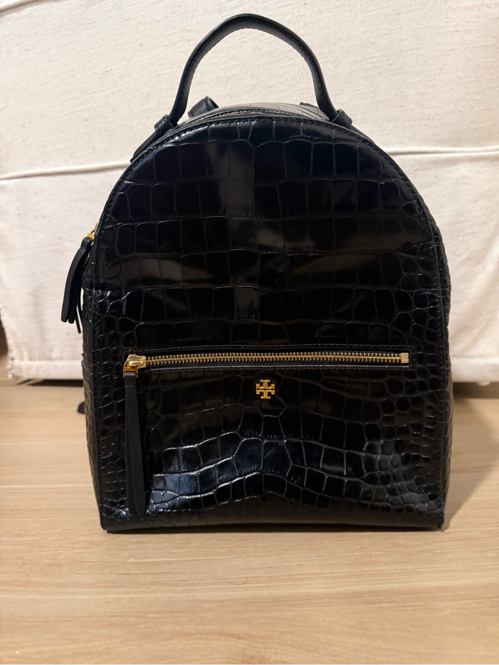 Tory Burch Black Croc-Embossed Mini Backpack With Gold Hardware